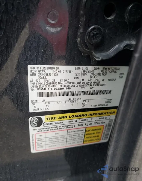 2020 Ford Expedition Xlt из США, поврежденный, VIN 1FMJU1HT0LEB01149